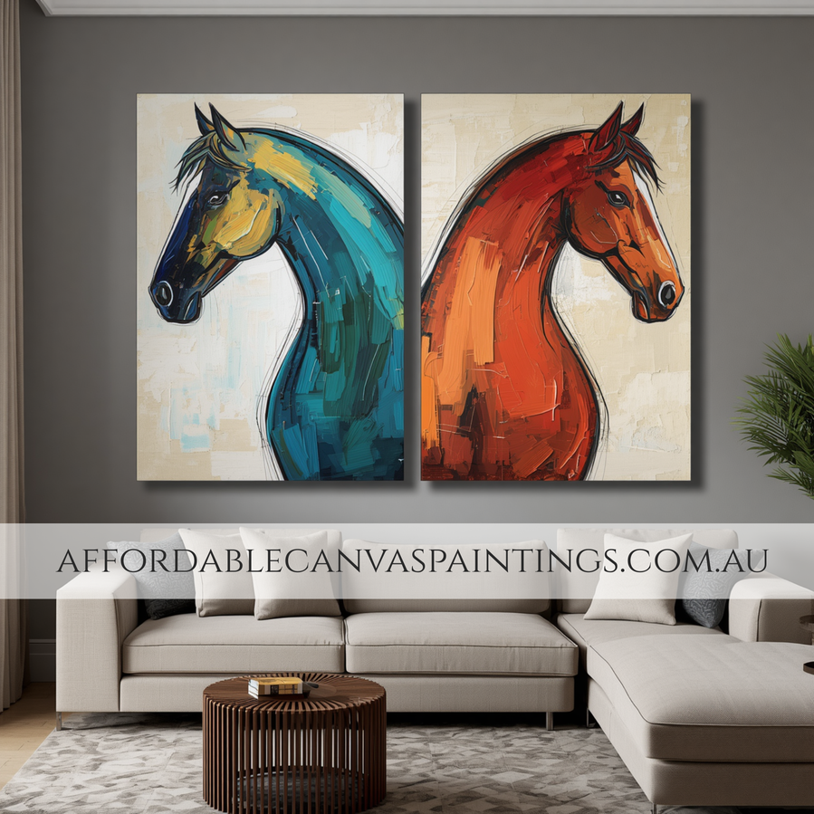 Colourful Horses Animal Canvas Wall Art Modern Abstract Painting 2 Piece Framed Canvas Art Australian Handmade Paintings Online Impasto Art For Home Décor