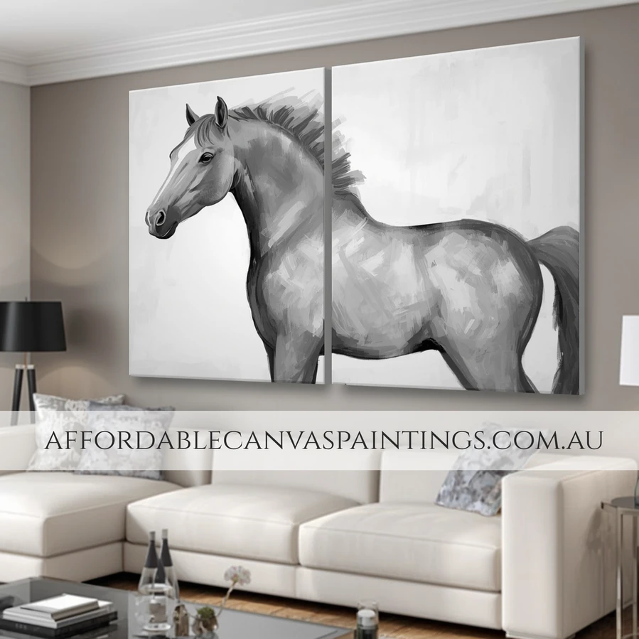 Stud Horse Black And White Animal Wall Art Abstract Art Framed Split Two Piece Wall Art Set Handcrafted Canvas Painting Impasto Canvas Painting For Interior Designer Choice