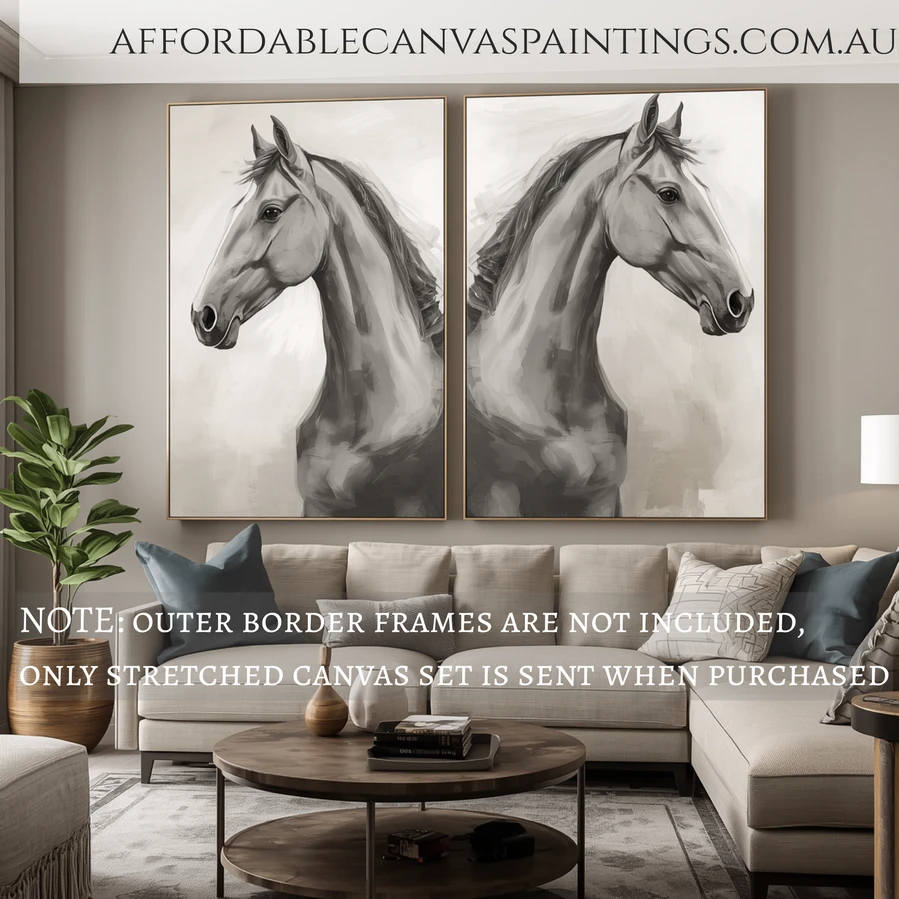 Monochromatic Horses Black And White Animal Wall Art Abstract Artwork Modern Art For Sale Framed 2 Piece Wall Decor Set Heavy Textured Acrylic Painting Impasto Art For Living Room Design