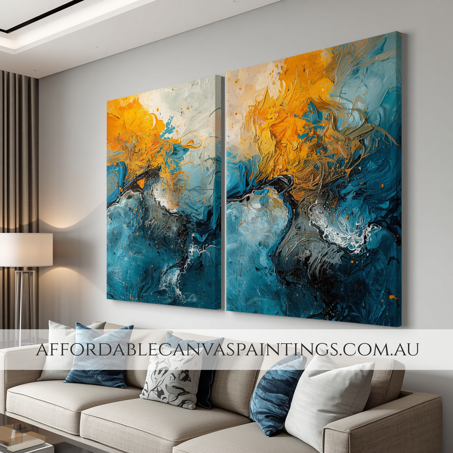 Particolored Wrinkles Design 2 Piece Canvas Art Modern Abstract Painting Framed Australian Artist Painting Ready To Hang Acrylic Art For Living Room Design