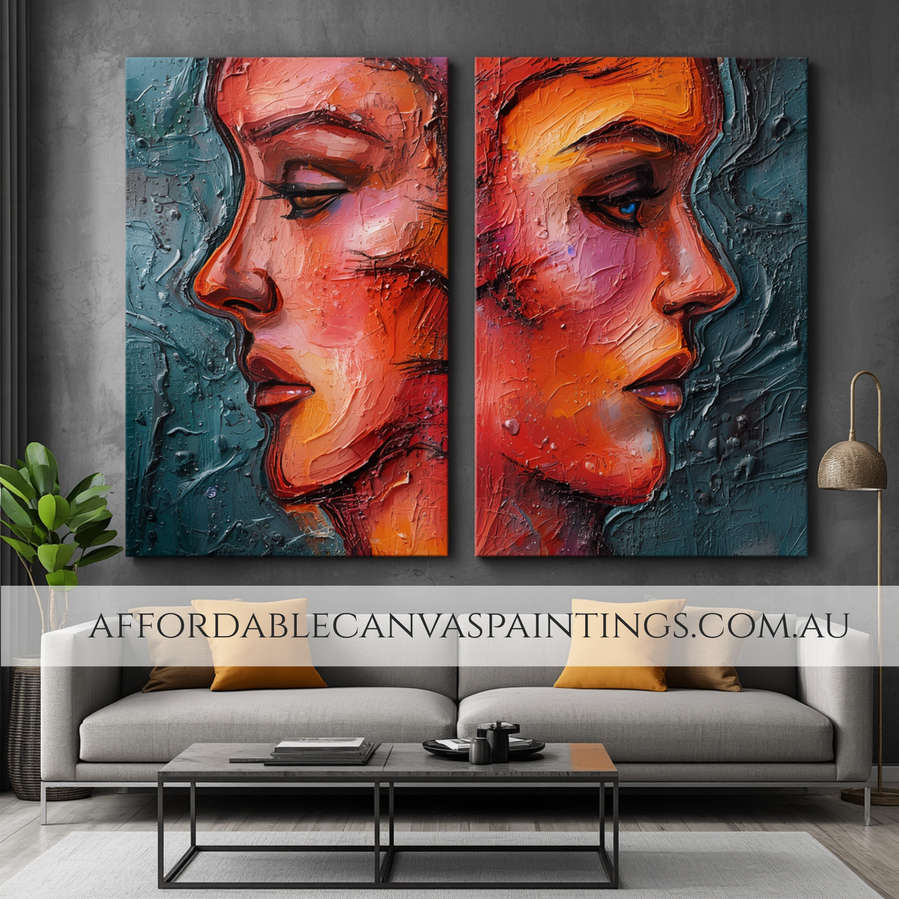 Human Faces Abstract Art Figurative 2 Piece Art Modern Artwork Framed Heavy Textured Acrylics Impasto Painting For Interior Design