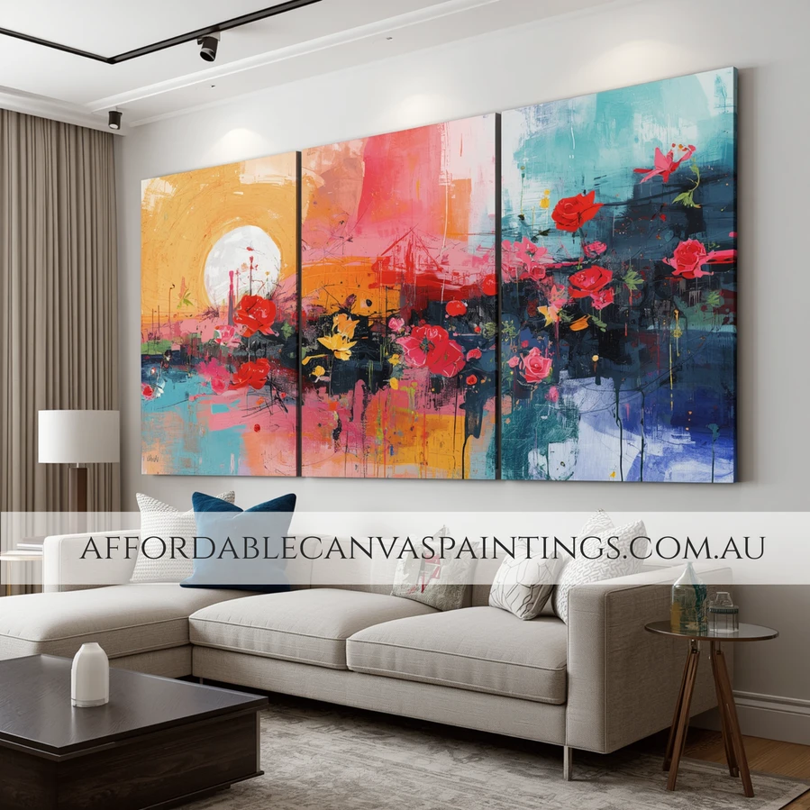 Colourful Blooms Botanical Art Framed 3 Piece Abstract Wall Art Modern Artwork Handmade Acrylic Painting Australia Impasto Painting For Living Room Ideas