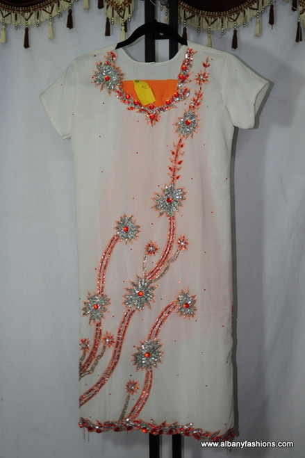 White Orange Silver Chumki Churidar Set