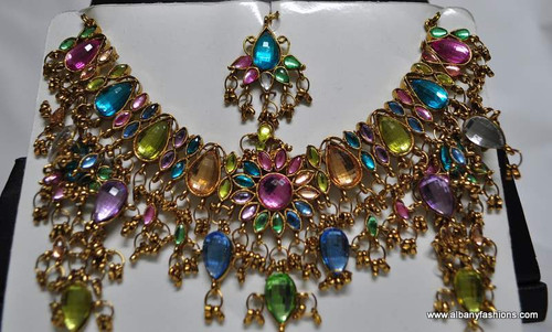 Multi Color Stones Studded Necklace with Ear Rings and Tikka