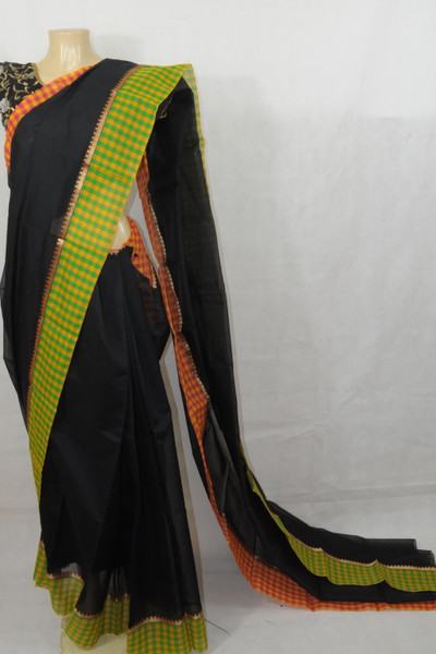 Black Saree with Orange and Green Border