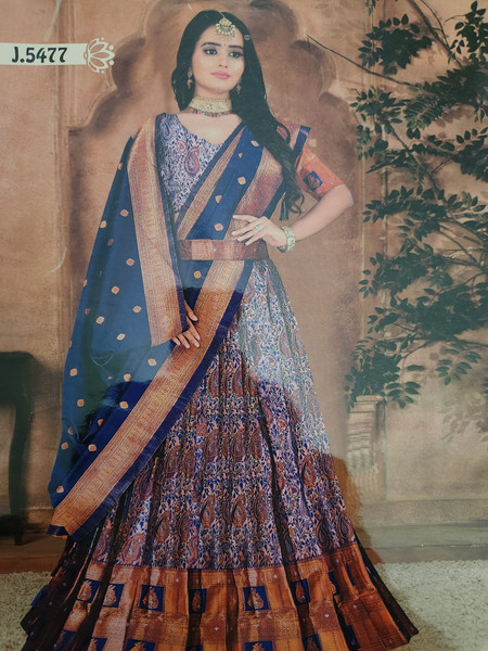 Semi Stitched Blue and Gold Lehenga