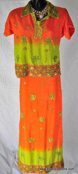 Lenga Choli-Orange and Light Green