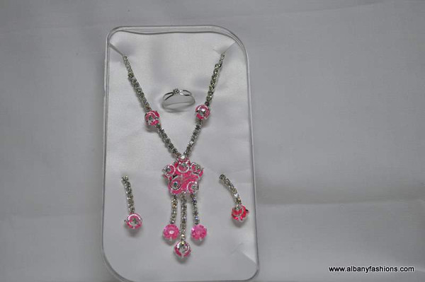 Silver Chain with Pink Pendants and  Ear Rings Set