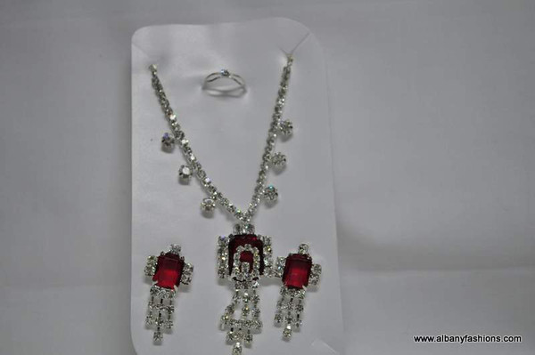 Silver Chain with Red Pendant with Matching Ear Rings Set