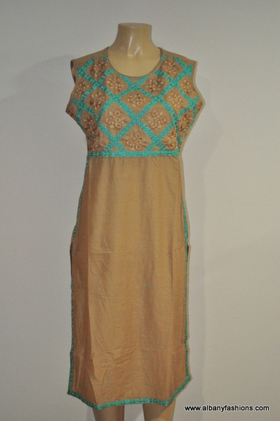 Albfas Designer Long Kurti -CreamTorquoise