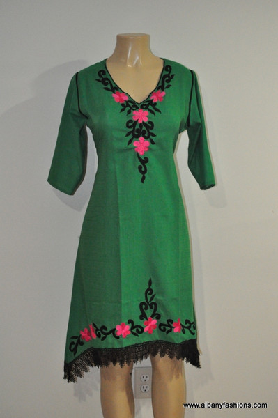 Albfas Designer Long Kurti - GreenBlackLace