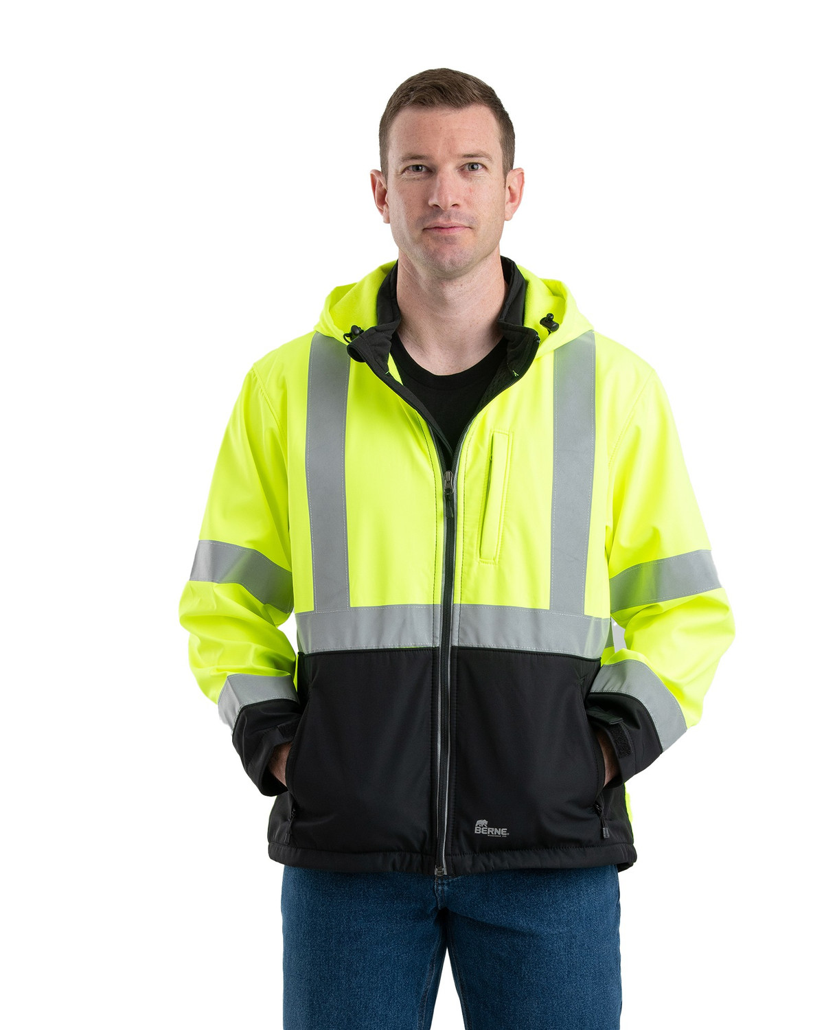 BERNE HVJS206 Hi Vis Class 3 Hooded Softshell Jacket - Safetywear.com