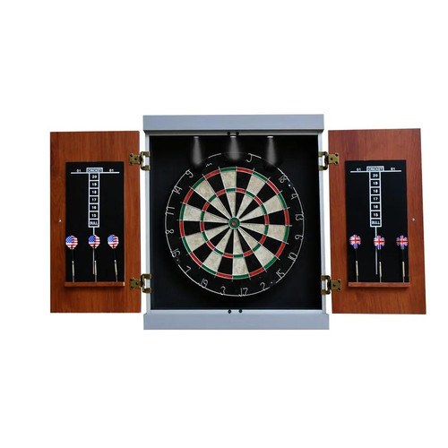 Geneva Bristle Dartboard and Cabinet Set with LED Lighting - Walnut Finish