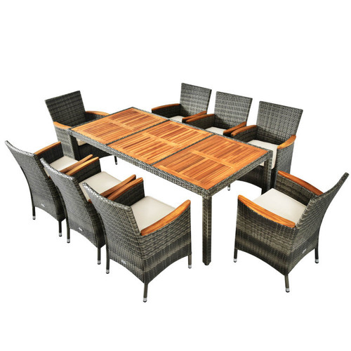 9 Pc Rattan Patio Dining Set with Acacia Wood Table and 8 Cushioned Chairs