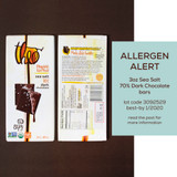 Theo Chocolate issues Allergy Alert on undeclared milk in 3oz Sea Salt 70% Dark Chocolate bars