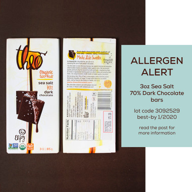 Theo Chocolate issues Allergy Alert on undeclared milk in 3oz Sea Salt 70% Dark Chocolate bars