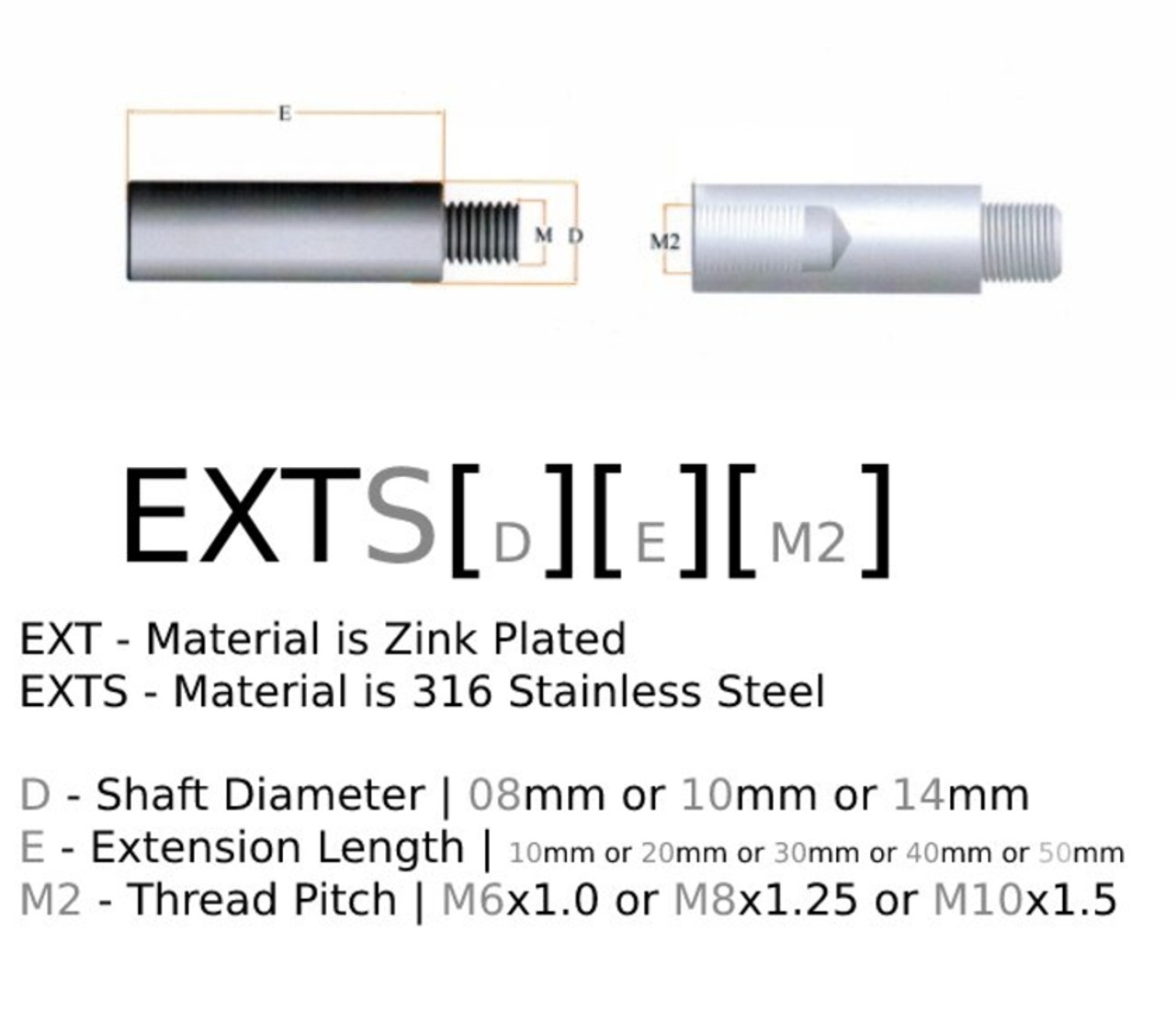 Extension 10MM Dia 50MM Long M8