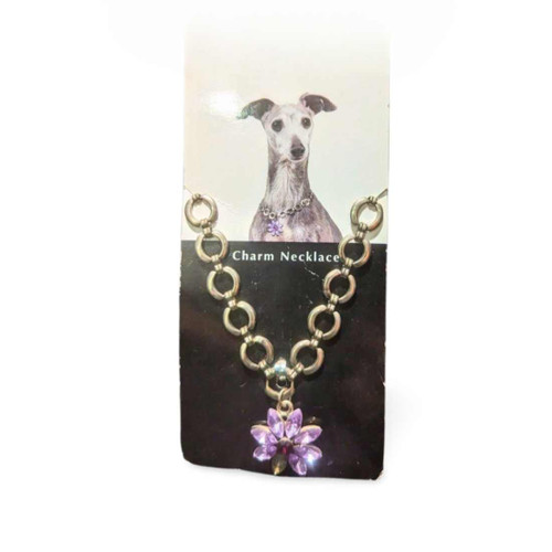 Dog necklace with violet flower at the end. 