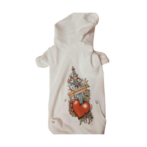 White dog hoodie with heart and sword design on the back