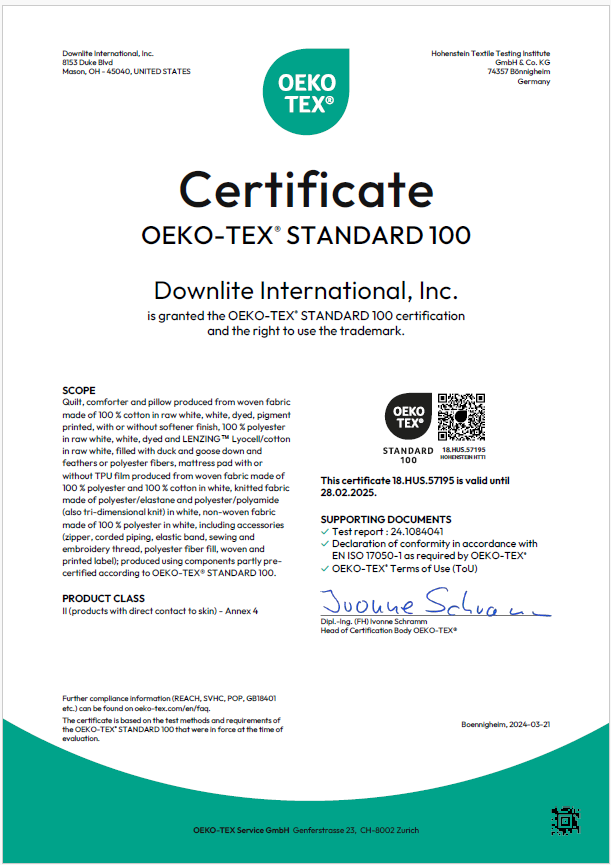 DOWNLITE Bedding Oeko-Tex 2024-2025 Certification