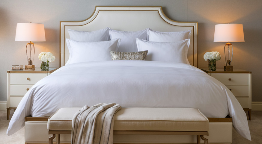 hotel bed layered quilt and folded flat sheet setup