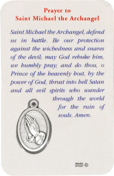 Saint Michael the Archangel Laminated Prayer Card with Built-In Silver-Tone Protection Medal – Catholic Gift for First Communion or Confirmation
