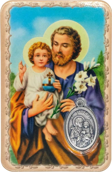 Laminated Prayer Card – Saint Joseph with Silver-Tone Medal | Catholic Devotional Gift
