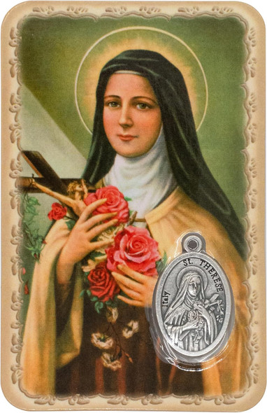 Saint Thérèse Holy Card | Laminated with Silver-Tone Medal | Catholic Gift for Girls
