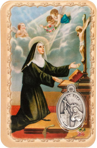 Laminated Prayer Card – Saint Rita with Built-In Silver Medal | Ideal Religious Gift