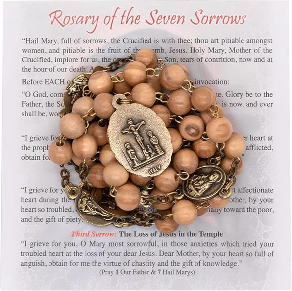 Seven Sorrows Wooden Rosary Chaplet Set – Prayer Card & Chunky Wood Beads