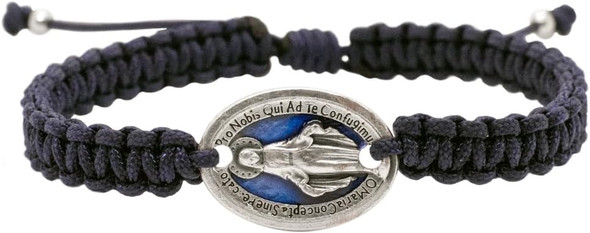 Adjustable Navy Blue Woven Miraculous Medal Bracelet | Silver-Tone and Blue Our Lady of Grace Charm