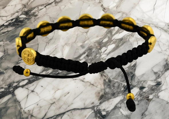 Black Woven Adjustable Bracelet with Round Gold-Tone Saint Benedict Medal – Catholic Protection Bracelet – Christian Jewelry for Men, Women & Teens
