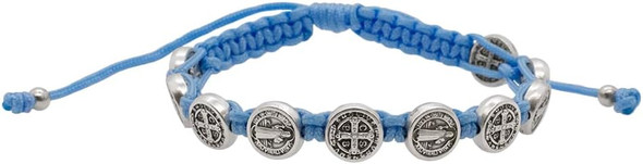 Light Blue Woven Adjustable Bracelet with Saint Benedict Medal – Catholic Protection Jewelry – Patron Saint of Students
