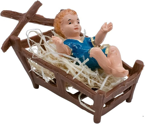 Manger with straw and Baby Jesus in Blue