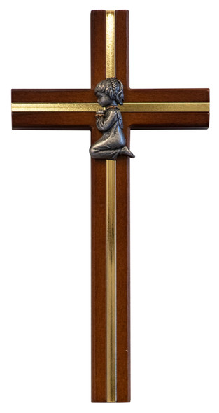 Praying Boy or Girl Cross with Dark Wood and Gold-Tone Inlay