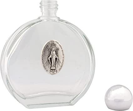 4" x 3.5" Round Glass Holy Water Bottle with Miraculous Medal