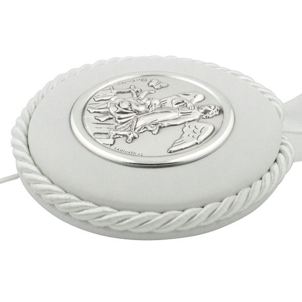 3.75" White Leather Guardian Angel Crib Medal