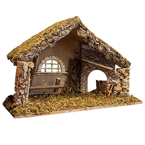 Nativity Creche Stable | 12" Tall and 19" Wide | 2 Styles | Realistic Moss Hay Wood and Fabric | Made in Italy (Saw and Sticks)