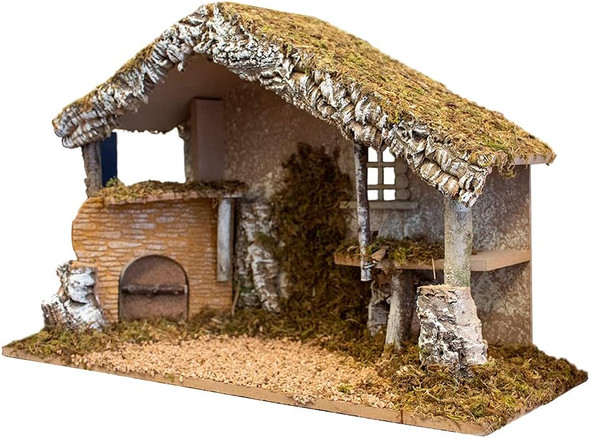 Haystack and Fireplace Nativity Creche Stable | 12" Tall and 19" Wide | Realistic Moss Hay Wood and Fabric | Made in Italy