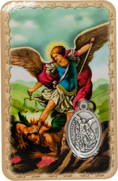 Saint Michael the Archangel Laminated Prayer Card with Built-In Silver-Tone Protection Medal – Catholic Gift for First Communion or Confirmation
