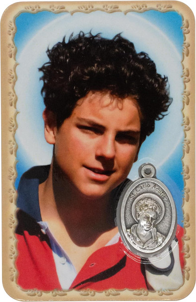 Laminated Prayer Card – Carlo Acutis with Built-In Silver Medal | Modern Catholic Keepsake