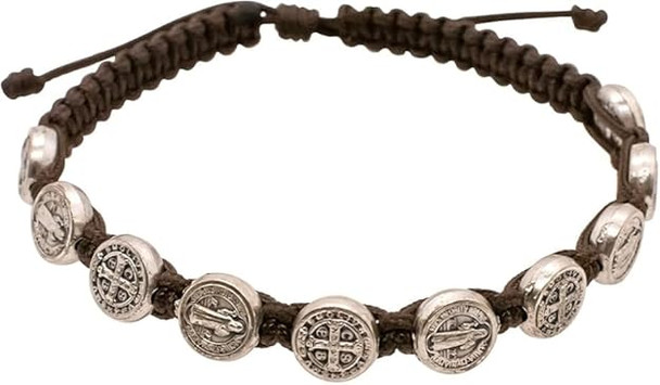 Brown Woven Adjustable Bracelet with Silver-Tone Saint Benedict Medal Beads – Catholic Protection Jewelry – Confirmation & Graduation Gift
