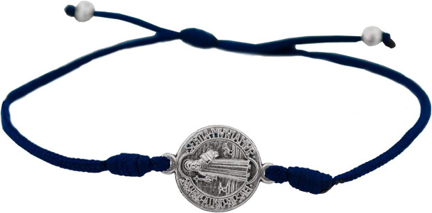 Navy Blue Saint Benedict Charm Bracelet with Pewter Medal & Prayer Card – Patron Saint of Students and Europe
