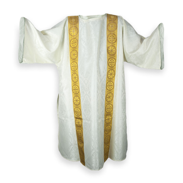 White and Gold Dalmatic with Underlay Stole and Sleeves, Two Single Bands Going Down the Front & Back.