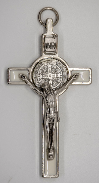 Silver-Tone St. Benedict Crucifix Pendant with White Enamel