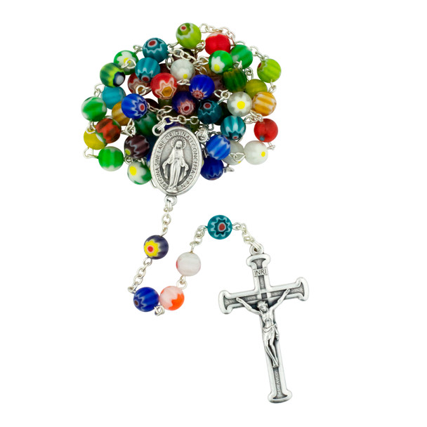 Colorful Glass Rosary Beads with Miraculous Medal Center