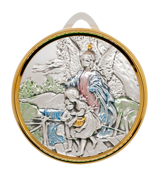 3" Silver-Plated Baptism Crib Medal with Guardian Angel Image