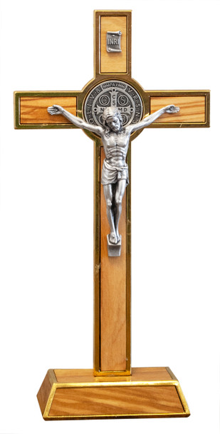 8" Gold-Tone Standing St. Benedict Crucifix with Olive Wood Inlays