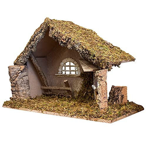 Nativity Creche Stable | 12" Tall and 19" Wide | 2 Styles | Realistic Moss Hay Wood and Fabric | Made in Italy (Saw and Sticks)