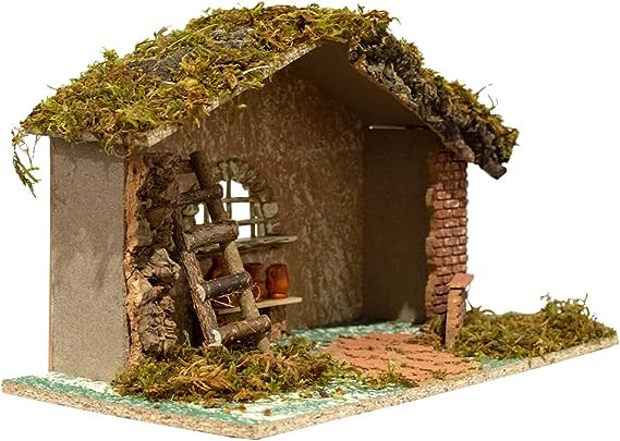 Nativity Creche Stable | 11" Tall and 18.25" Wide | Realistic Moss Roof and Floor | Ladder, Pots, and Window | Made in Italy